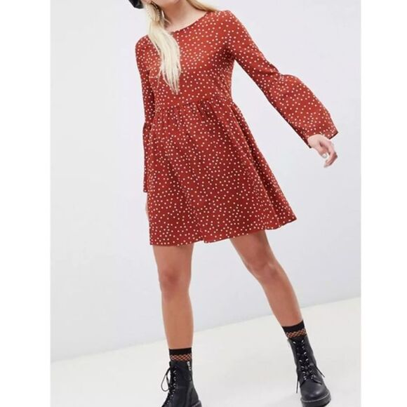 Asos Design Womens Mini Dress 16 Fluted Sleeve Spot Boho Peasant Prairie Hippie‎ - Picture 1 of 7